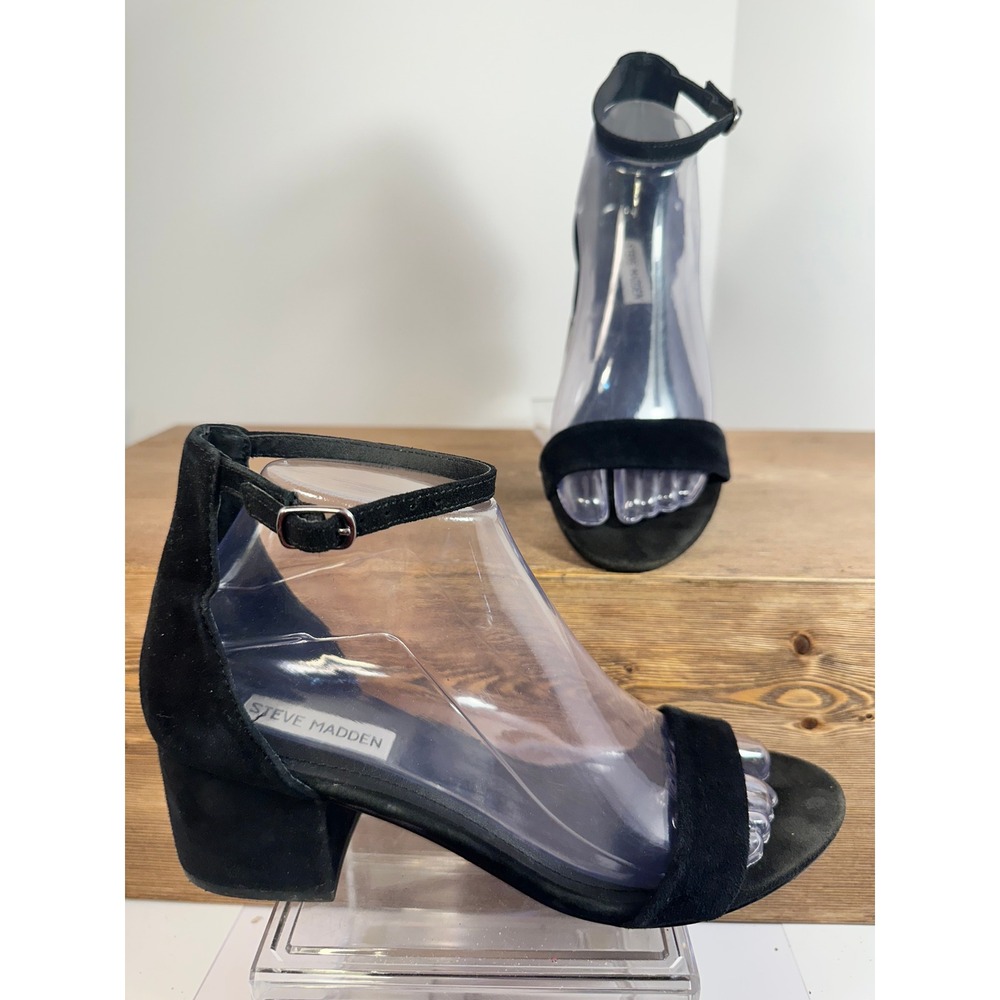 Steve Madden Irenee Black Suede Leather Ankle Strap Block Heel Sandals Womens 8